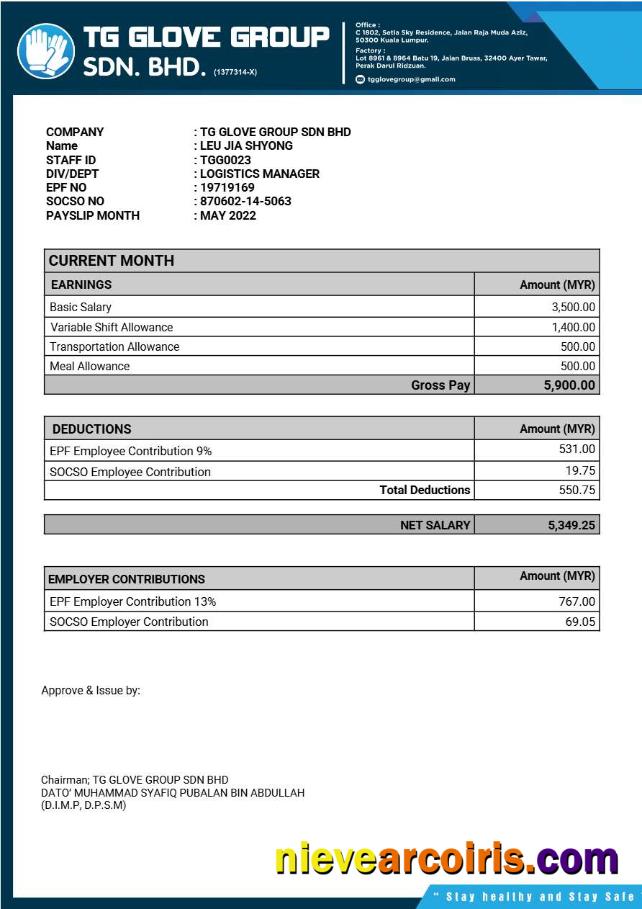 TG Glove Group manufacture payslip